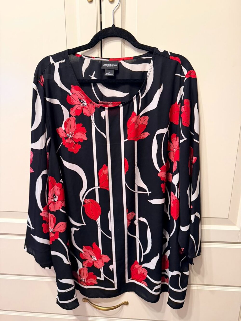LIZ CLAIBORNE Women’s Black White‎ & Red Long Sleeve Blouse Tunic (Plus 3X)